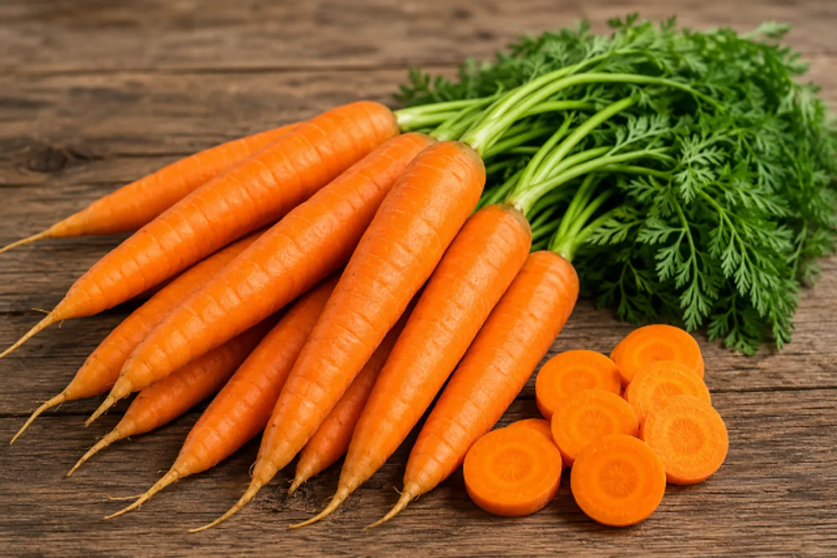 Fresh orange carrots with green tops on a neutral background