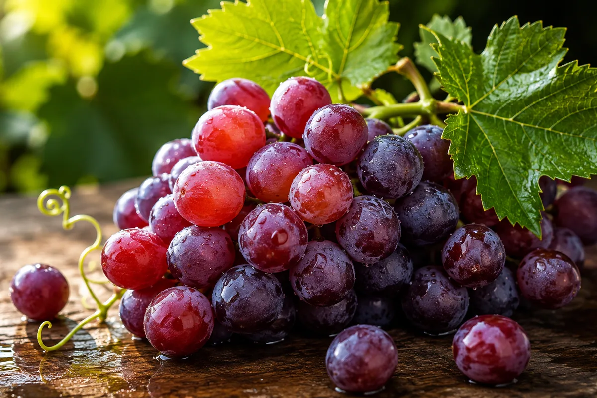Cluster of ripe red grapes with green leaves on a light background