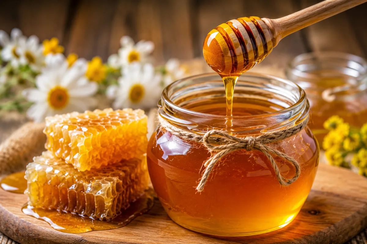 Glass jar of golden honey with a wooden dipper on a neutral background