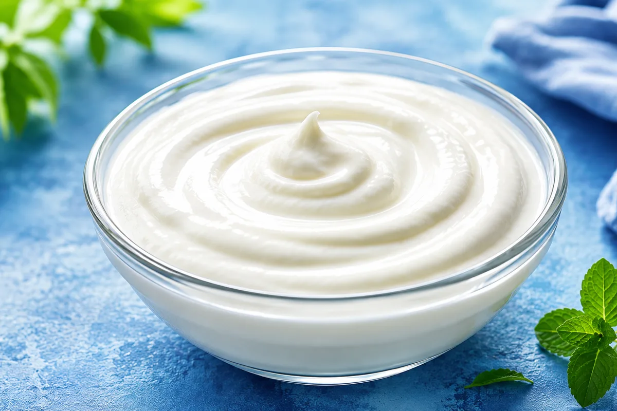 Bowl of plain white yogurt with a silver spoon on a wooden table