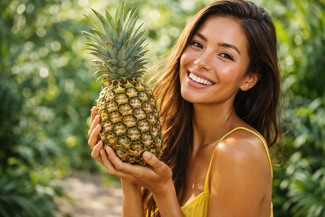Woman enjoying fresh pineapple for natural skin glow benefits